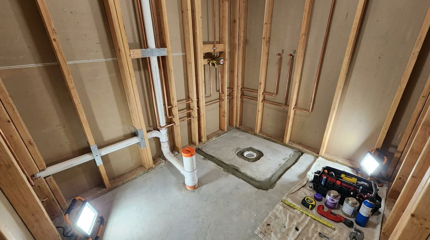 Bathroom rough-in plumbing during remodel by Johns Plumbing LLC in Iola