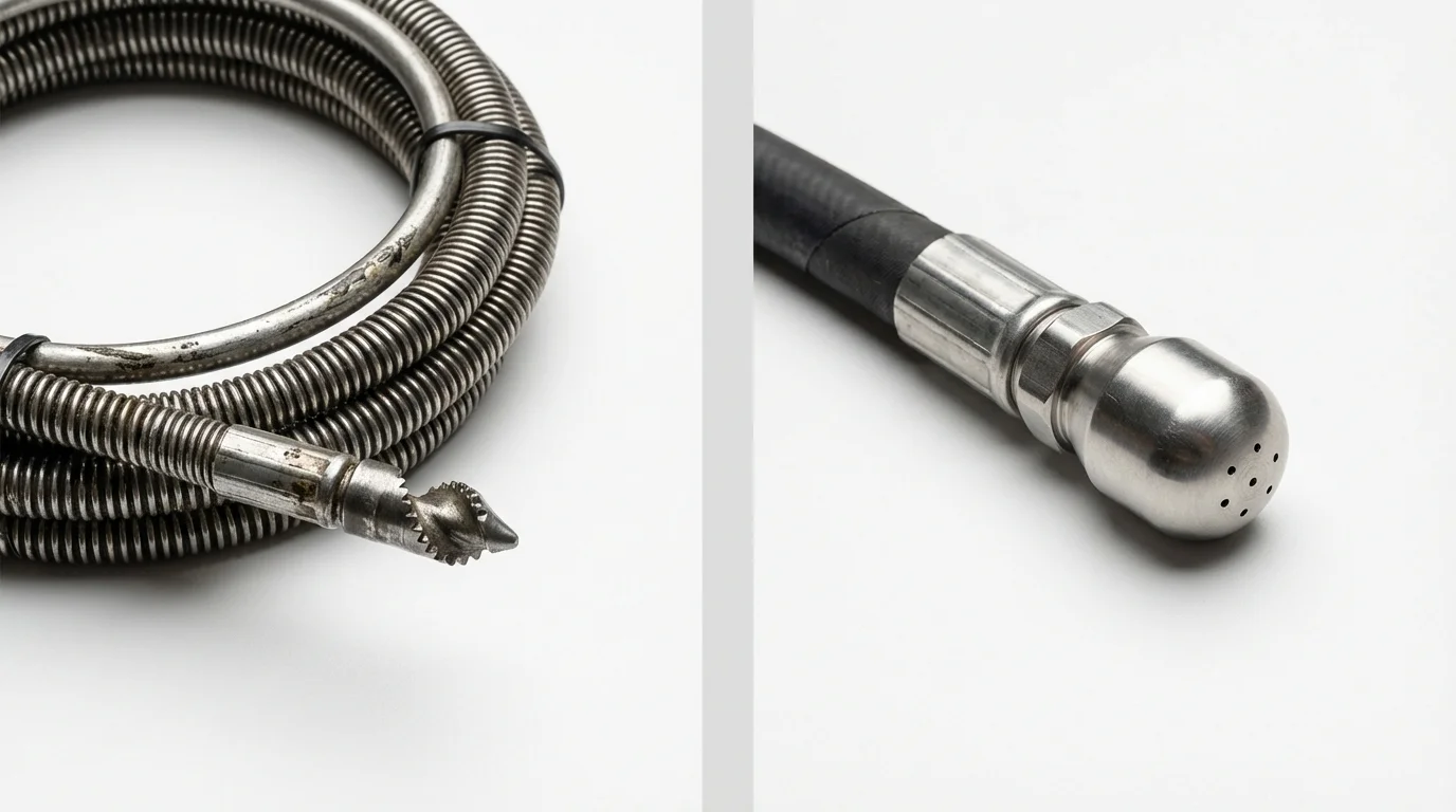 Drain snake cable and hydro jetting nozzle used for drain cleaning in Iola, WI