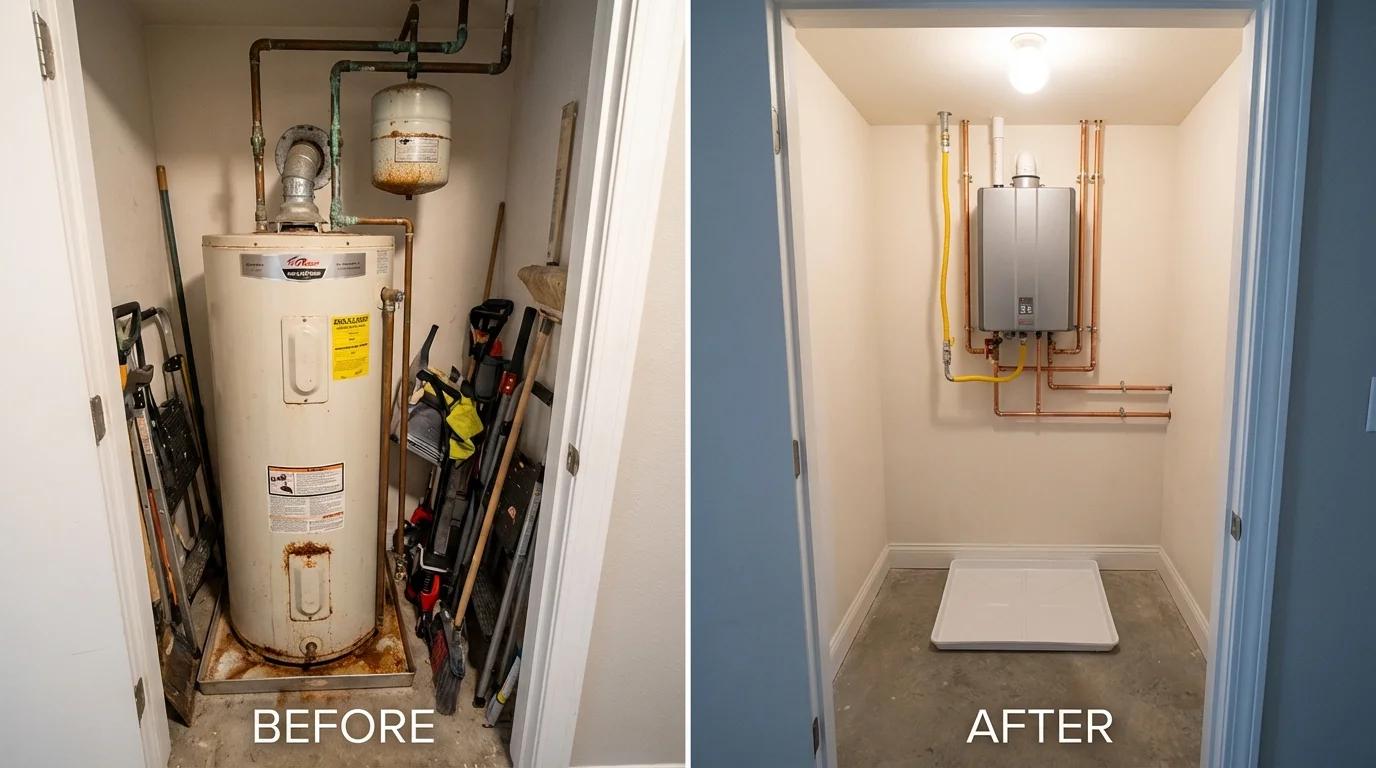 Tank water heater versus wall-mounted tankless unit comparison for Iola, WI homeowners