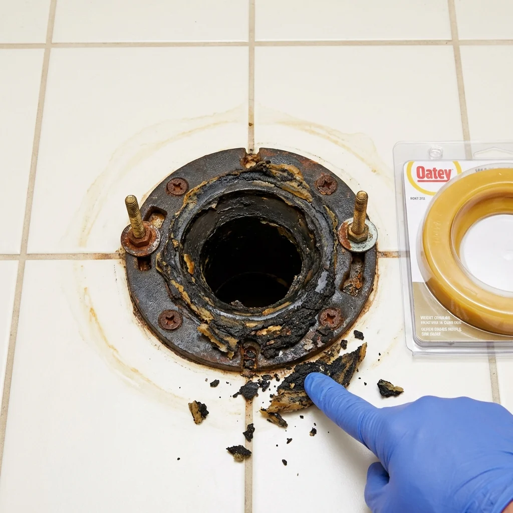 Failed wax ring showing water seepage at the base of a toilet in a Iola, WI home