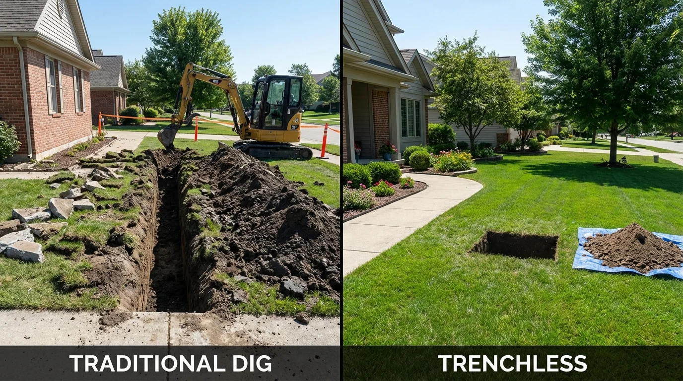 Trenchless sewer repair with minimal yard damage versus traditional excavation in Iola, WI